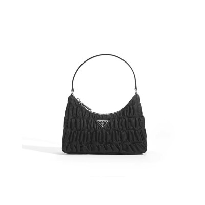 PRADA RE-EDITION 2000 HOBO BAG IN RUCHED BLACK NYLON 1NE204 (22*13*6cm) 